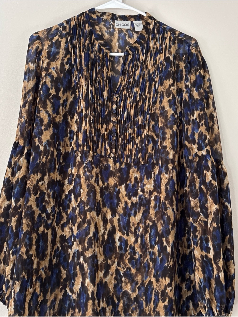 Chico's Blue and Brown Printed Pintuck Blouse